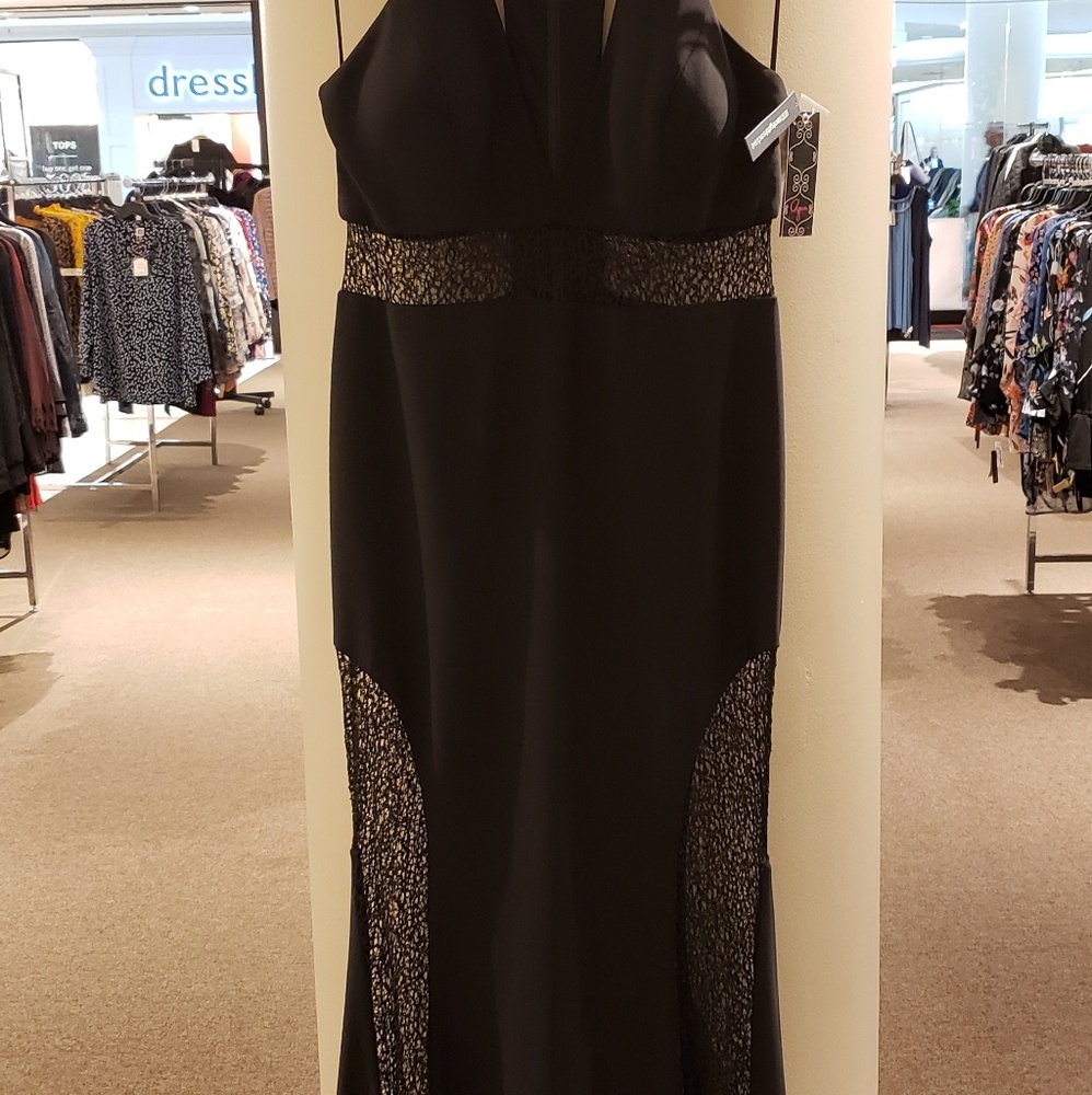 NWT! Aqua Lace-Inset Crepe Gown Black - Picture 4 of 5